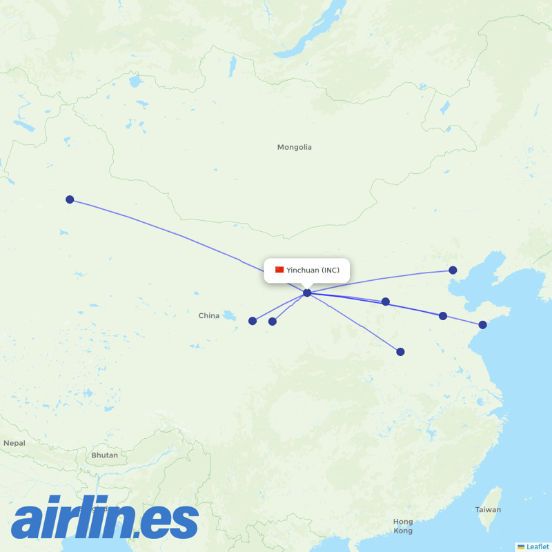 Shandong Airlines from Yinchuan Hedong International Airport destination map