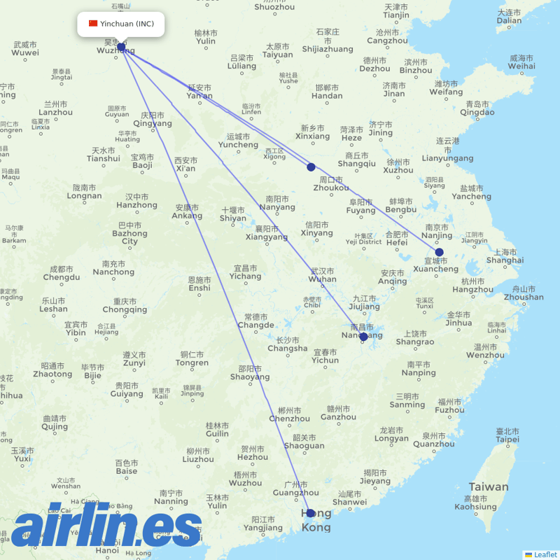 Shenzhen Airlines from Yinchuan Hedong International Airport destination map