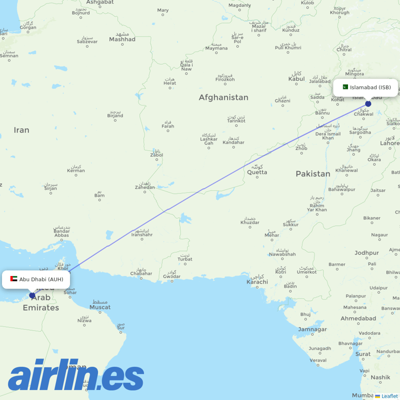 Etihad Airways from Islamabad International Airport destination map