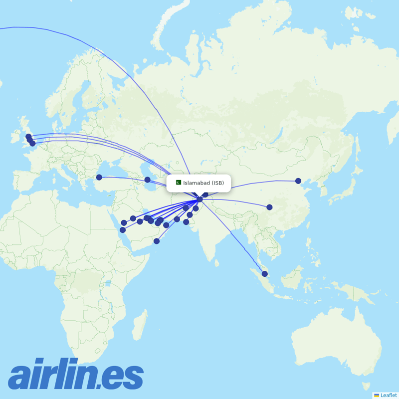 Pakistan International Airlines from Islamabad International Airport destination map