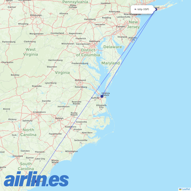 Breeze Airways from Long Island Mac Arthur destination map