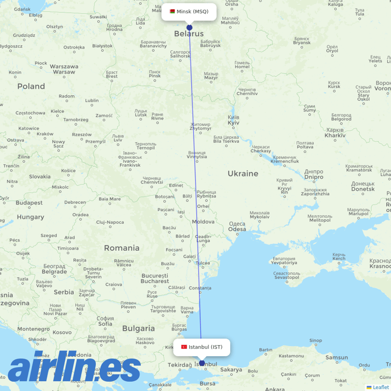 Belavia from Istanbul Airport destination map