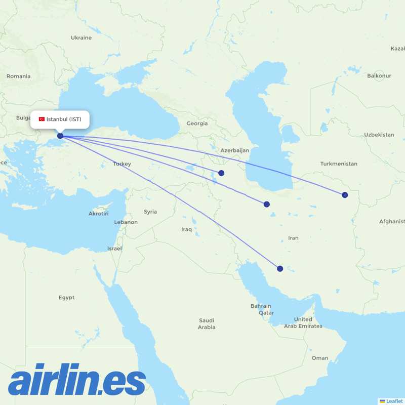 Iran Airtour from Istanbul Airport destination map