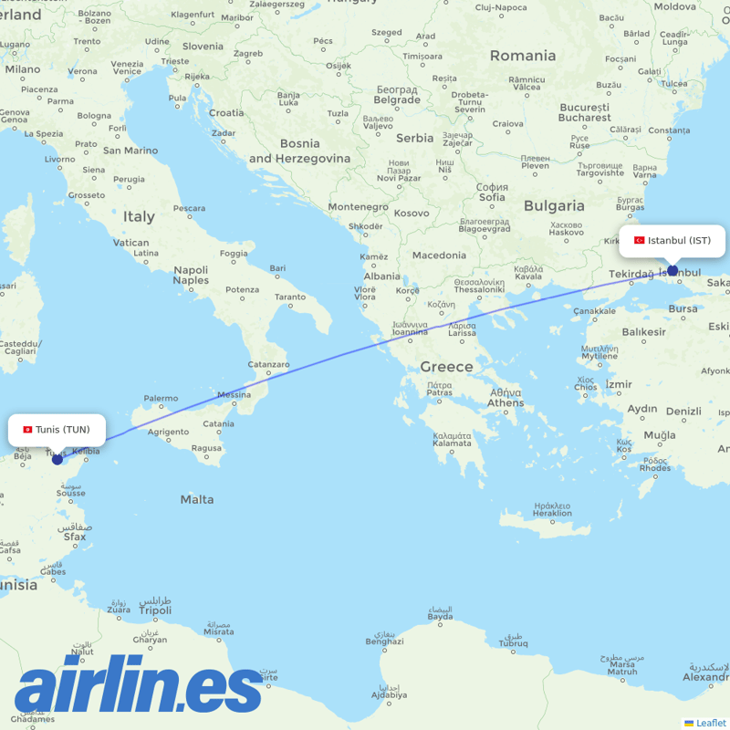 Nouvelair Tunisie from Istanbul Airport destination map