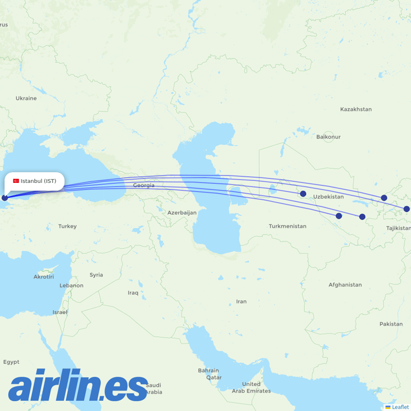 Uzbekistan Airways from Istanbul Airport destination map