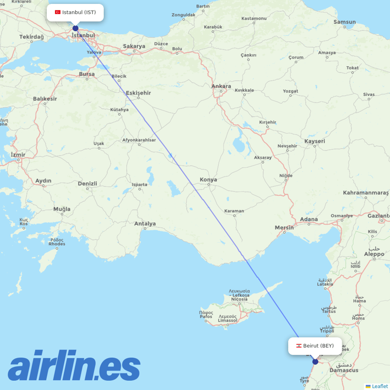 Middle East Airlines from Istanbul Airport destination map