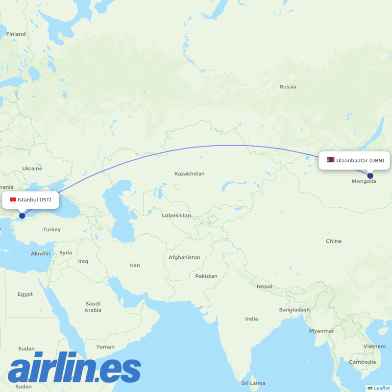 Miat - Mongolian Airlines from Istanbul Airport destination map