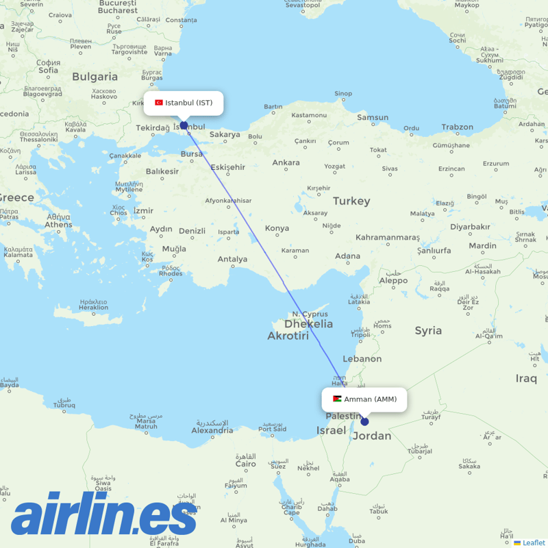 Royal Jordanian from Istanbul Airport destination map