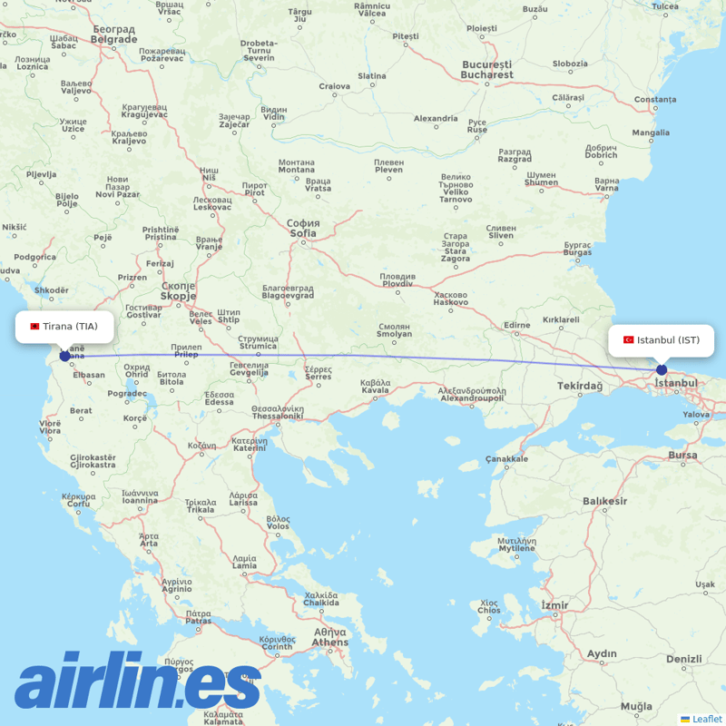 Air Albania from Istanbul Airport destination map
