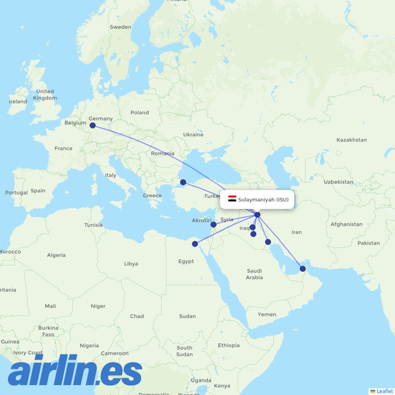 Iraqi Airways from Sulaymaniyah International Airport destination map