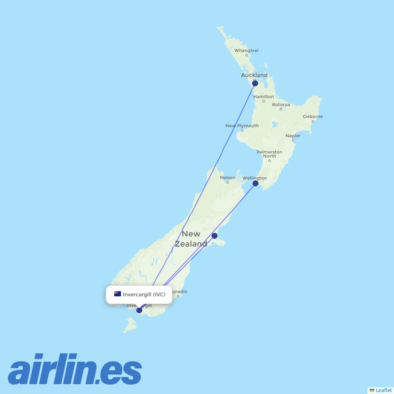 Air New Zealand from Invercargill destination map