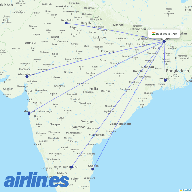 SpiceJet from Bagdogra destination map