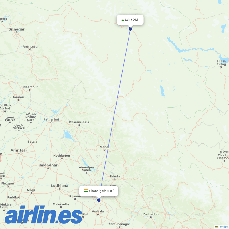 Air India from Chandigarh destination map