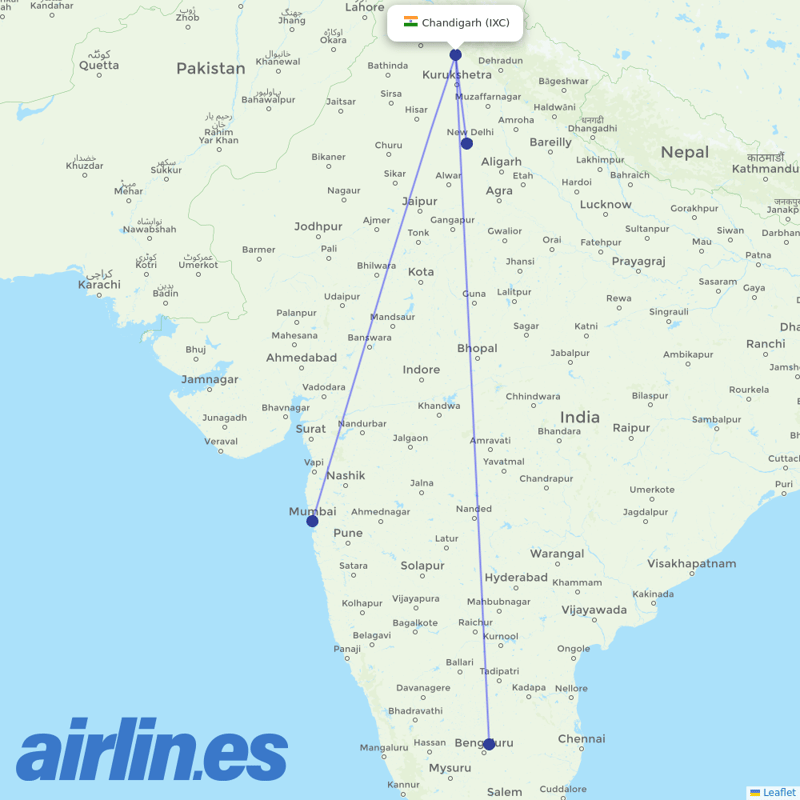Vistara from Chandigarh destination map
