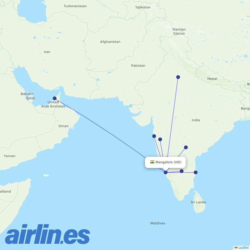 IndiGo from Mangalore destination map