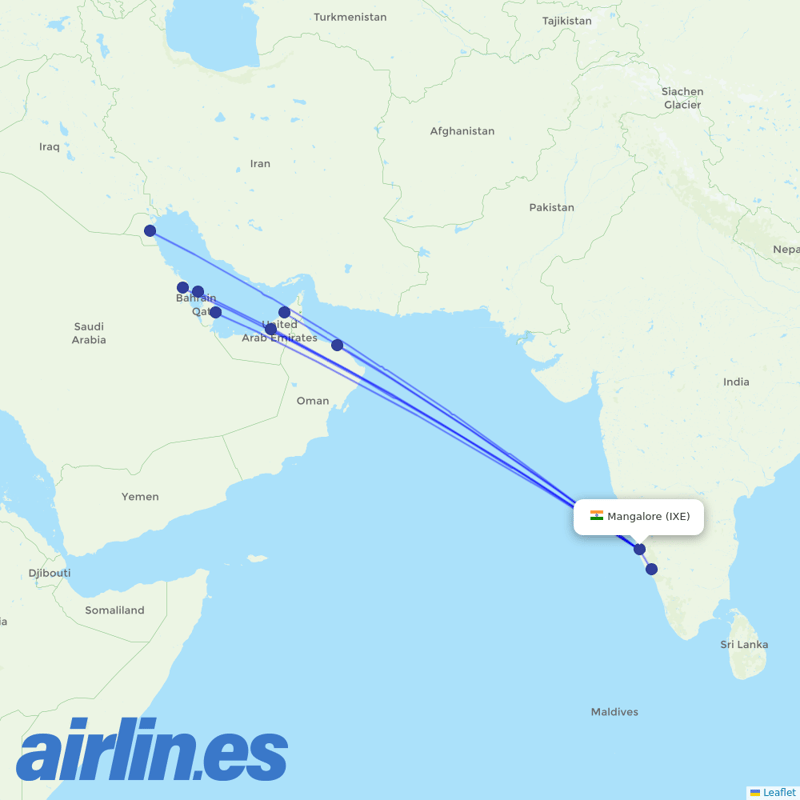 Air India Express from Mangalore destination map