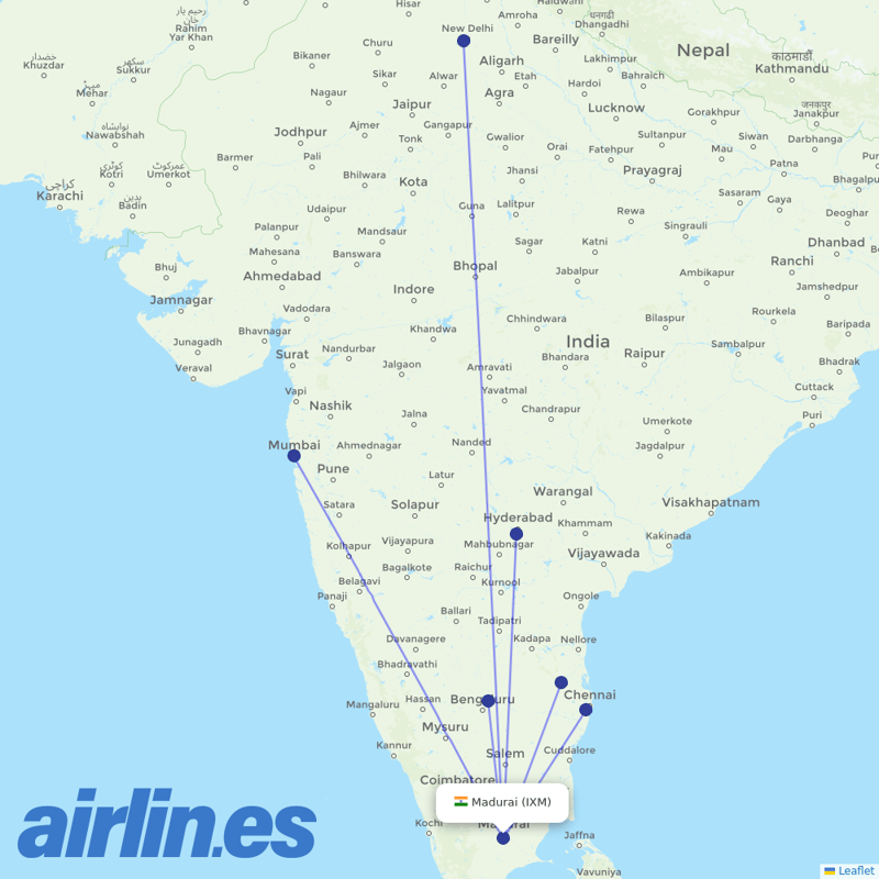 IndiGo from Madurai destination map