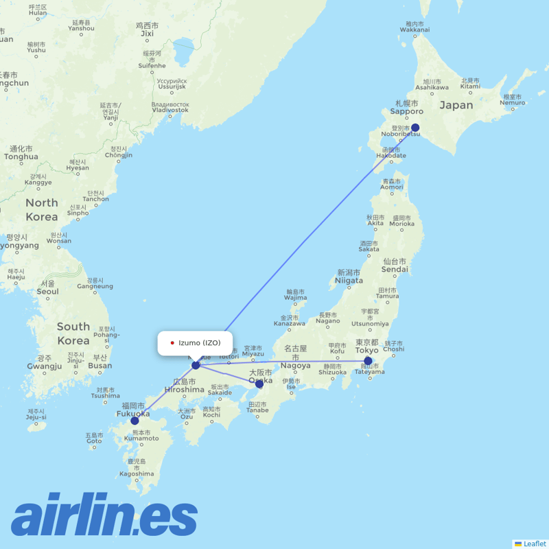 JAL from Izumo destination map