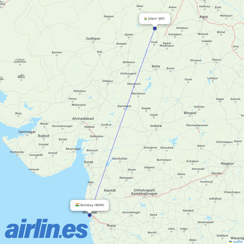 Air India from Jaipur destination map