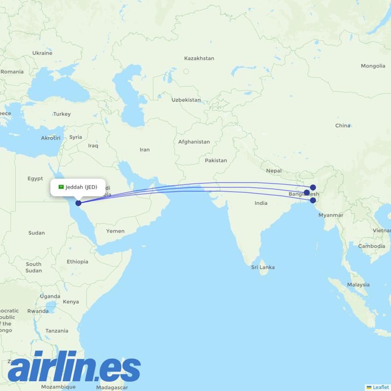 Biman Bangladesh Airlines from King Abdulaziz International Airport destination map