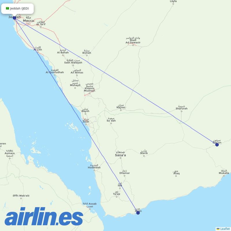 Yemenia from King Abdulaziz International Airport destination map
