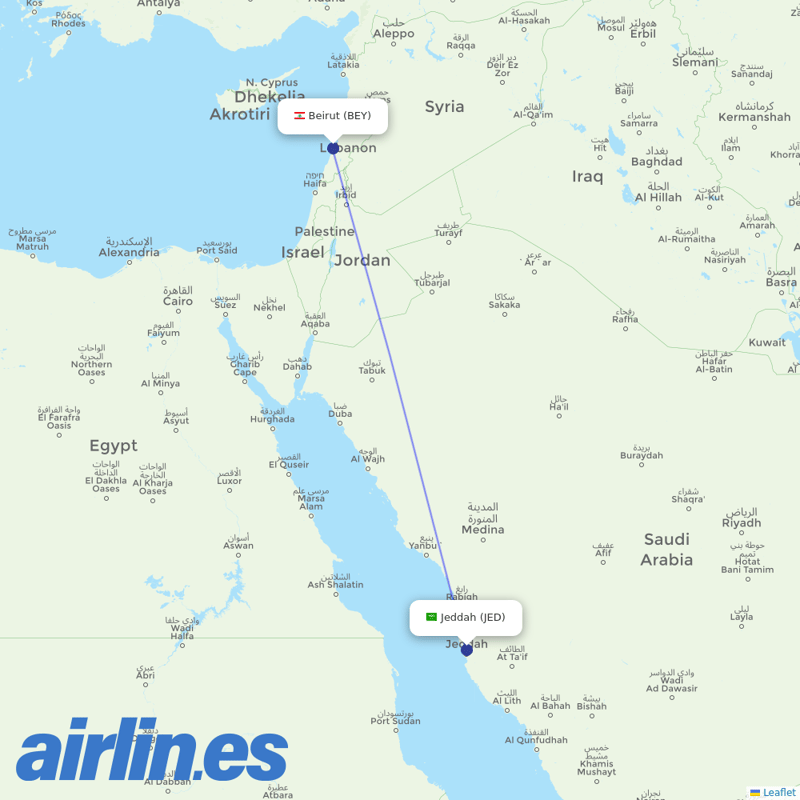 Middle East Airlines from King Abdulaziz International Airport destination map