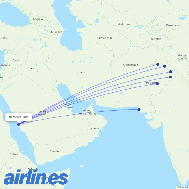 Pakistan International Airlines from King Abdulaziz International Airport destination map