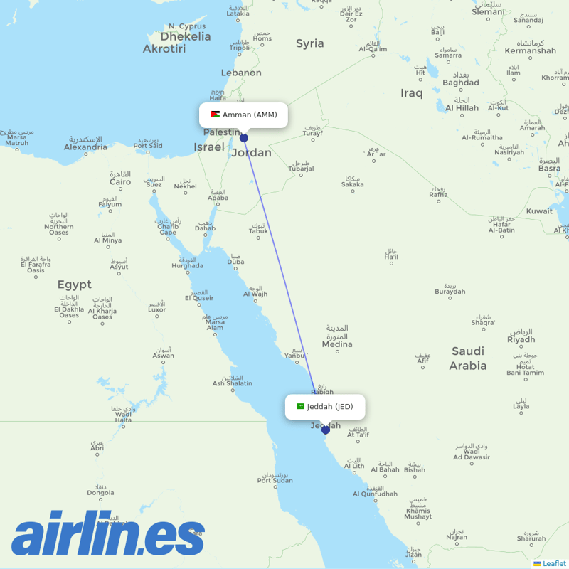 Royal Jordanian from King Abdulaziz International Airport destination map