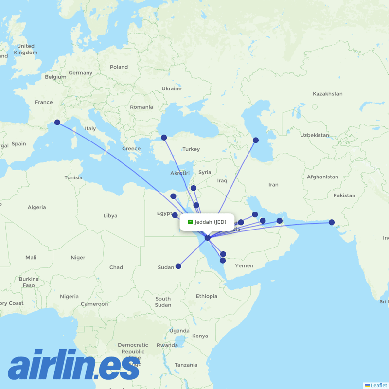 Flynas from King Abdulaziz International Airport destination map