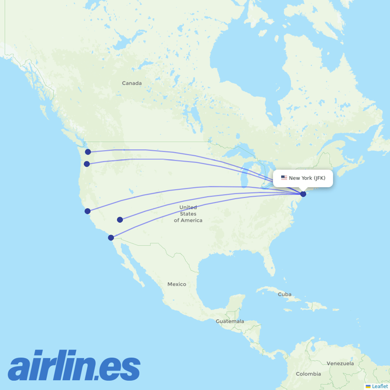 Alaska Airlines from John F Kennedy International destination map