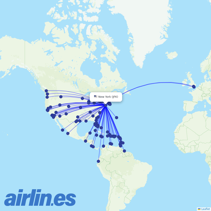 JetBlue Airways from John F Kennedy International destination map