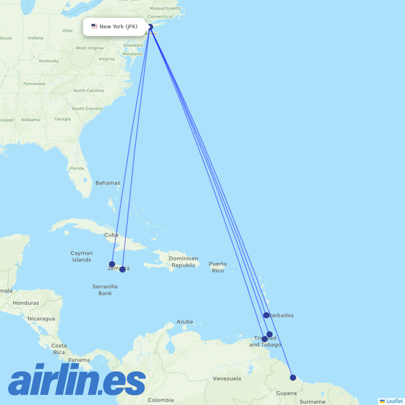 Caribbean Airlines from John F Kennedy International destination map