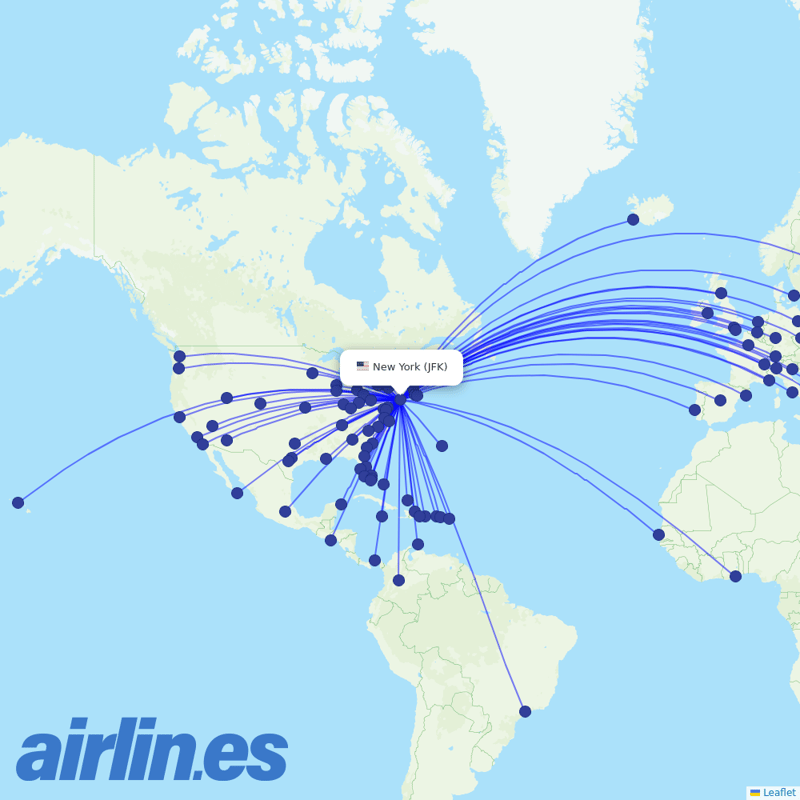 Delta Air Lines from John F Kennedy International destination map