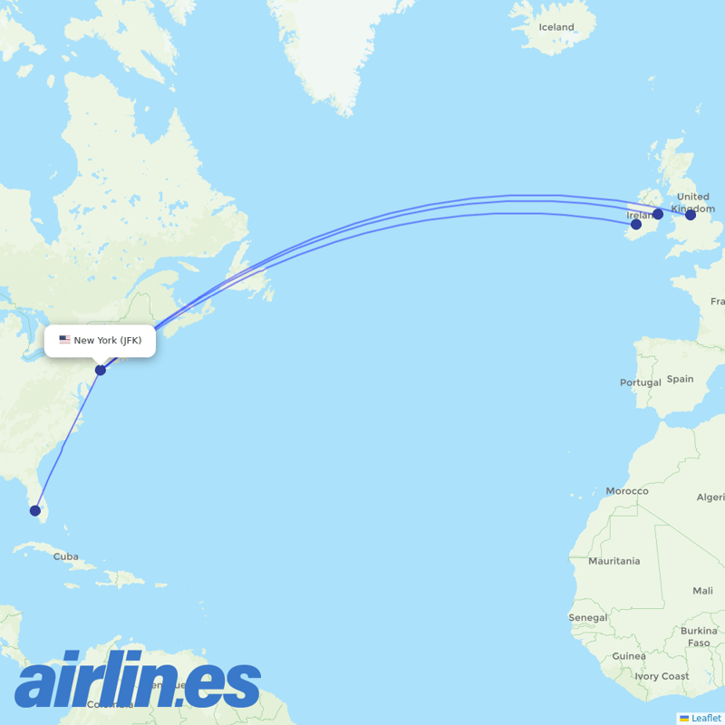 Aer Lingus from John F Kennedy International destination map