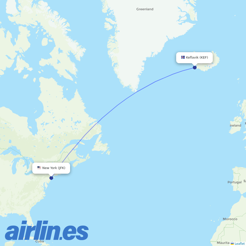 Icelandair from John F Kennedy International destination map