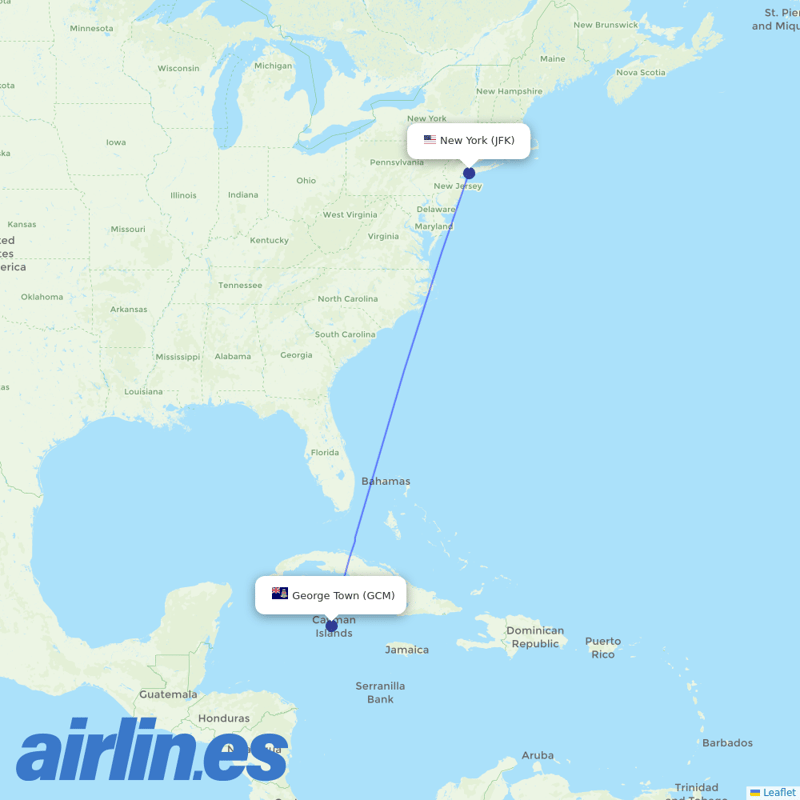 Cayman Airways from John F Kennedy International destination map