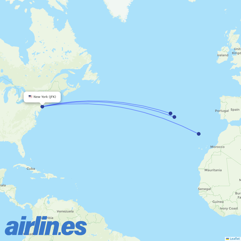 Azores Airlines from John F Kennedy International destination map