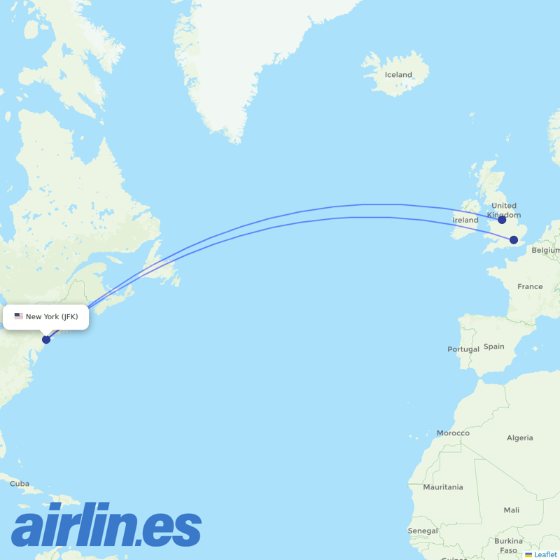 Virgin Atlantic from John F Kennedy International destination map