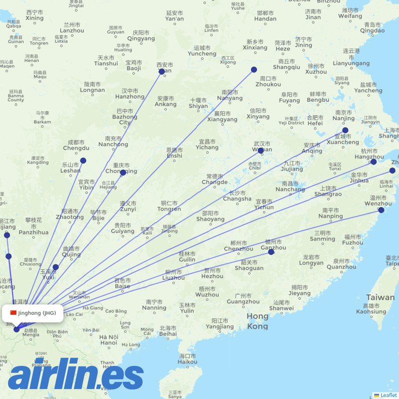 Lucky Air from Xishuangbanna Gasa International Airport destination map