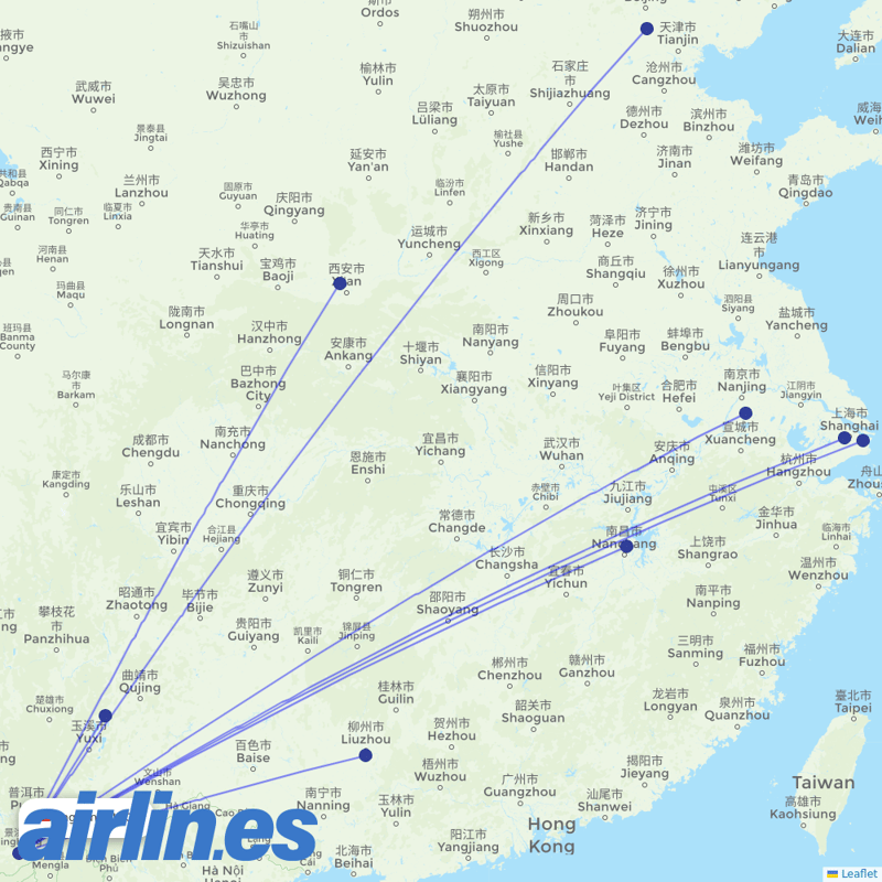 China Eastern Airlines from Xishuangbanna Gasa International Airport destination map