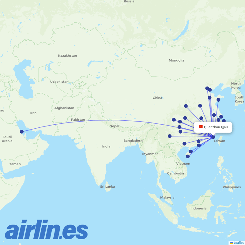Xiamen Airlines from Quanzhou Airport destination map