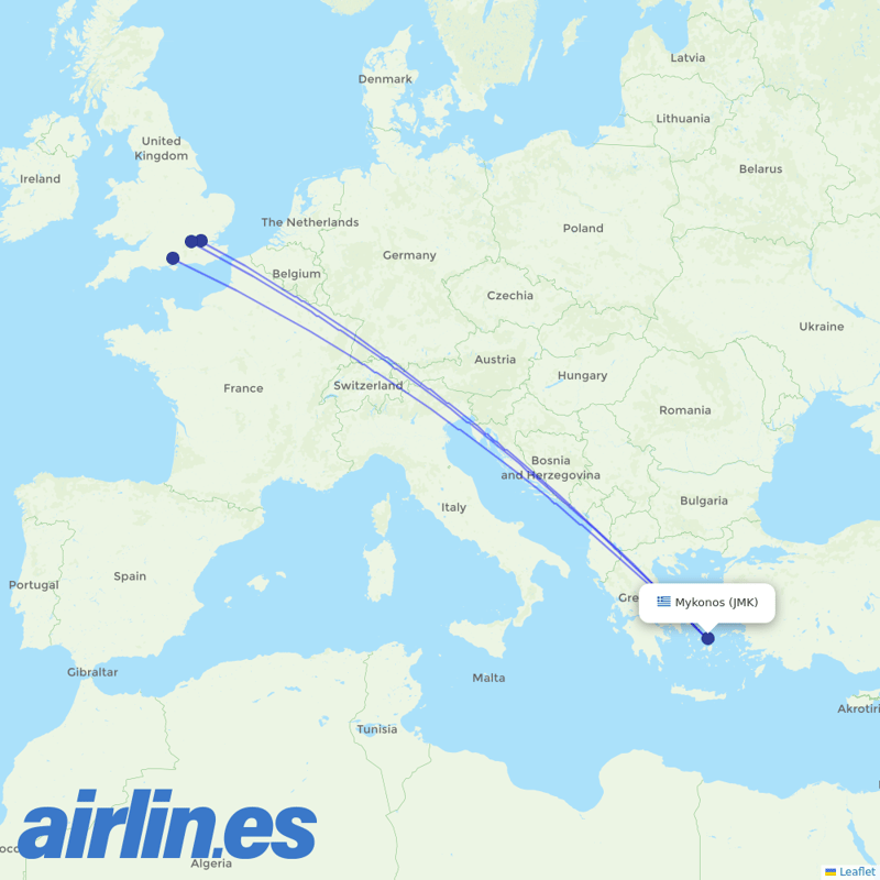 British Airways from Mykonos Airport destination map