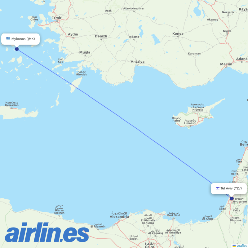 Blue Dart Aviation from Mykonos Airport destination map