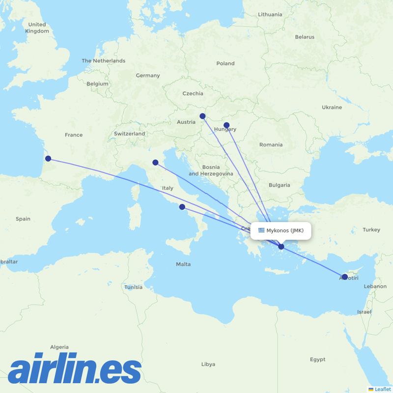 Ryanair from Mykonos Airport destination map