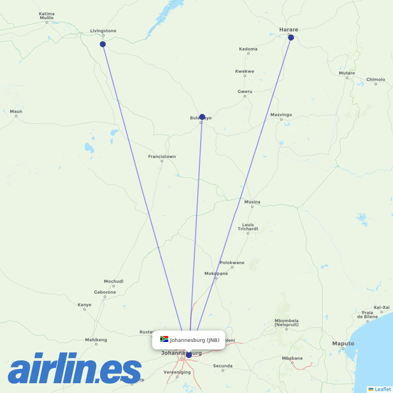 Fastjet from Johannesburg International destination map