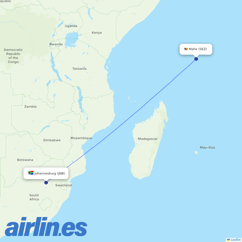 Air Seychelles from Johannesburg International destination map
