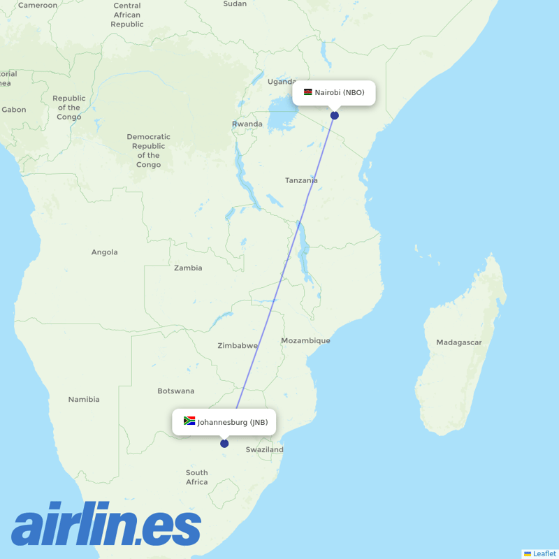 Kenya Airways from Johannesburg International destination map
