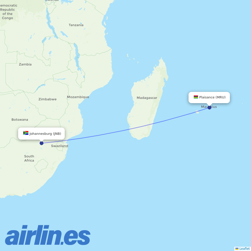 Air Mauritius from Johannesburg International destination map