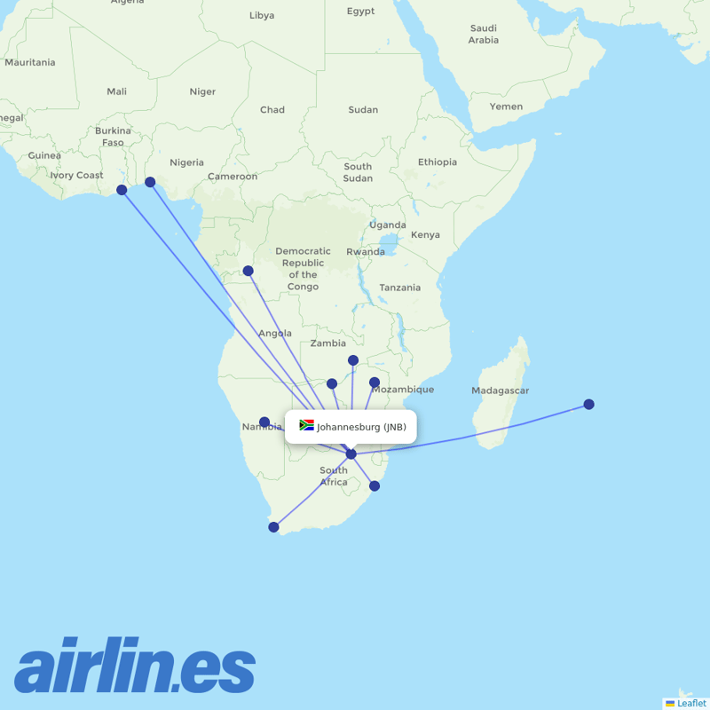 South African Airways from Johannesburg International destination map