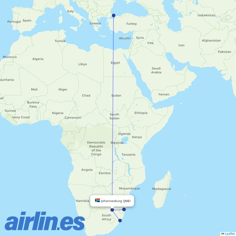 Turkish Airlines from Johannesburg International destination map